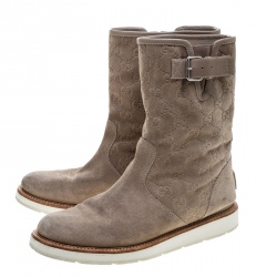 Pre Owned Gucci Beige Guccissima Suede Quercy Flat Boots Size 37.5