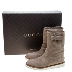 Pre Owned Gucci Beige Guccissima Suede Quercy Flat Boots Size 37.5