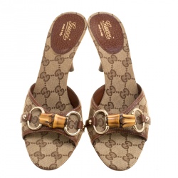 Pre Owned Gucci Beige/Brown GG Canvas and Leather Bamboo Sandals Size 39