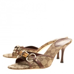 Pre Owned Gucci Beige/Brown GG Canvas and Leather Bamboo Sandals Size 39