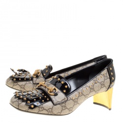 Pre Owned Gucci Beige/Black GG Supreme Canvas and Patent Leather Studded Fringe Loafer Pumps Size 40.5