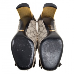 Pre Owned Gucci Beige/Black GG Supreme Canvas and Patent Leather Studded Fringe Loafer Pumps Size 40.5