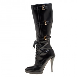 Pre Owned Gucci Black Leather Riddle Lace-Up Platform Knee Boots Size 39