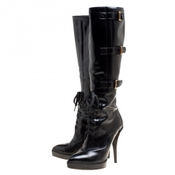 Pre Owned Gucci Black Leather Riddle Lace-Up Platform Knee Boots Size 39