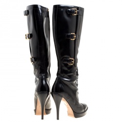 Pre Owned Gucci Black Leather Riddle Lace-Up Platform Knee Boots Size 39
