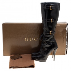 Pre Owned Gucci Black Leather Riddle Lace-Up Platform Knee Boots Size 39