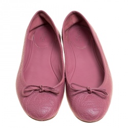 Pre Owned Gucci Pink Leather GG Interlocking Bow Ballet Flats Size 38