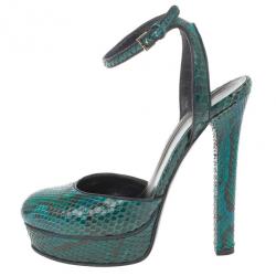 Pre Owned Gucci Green Python Huston Ankle Strap Platform Sandals Size 35.5