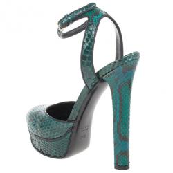 Pre Owned Gucci Green Python Huston Ankle Strap Platform Sandals Size 35.5