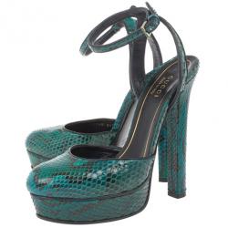 Pre Owned Gucci Green Python Huston Ankle Strap Platform Sandals Size 35.5