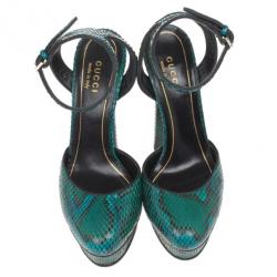Pre Owned Gucci Green Python Huston Ankle Strap Platform Sandals Size 35.5