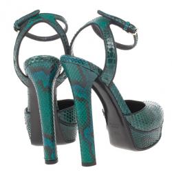 Pre Owned Gucci Green Python Huston Ankle Strap Platform Sandals Size 35.5