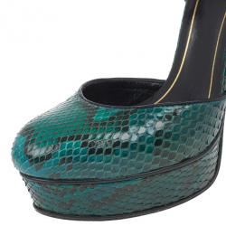 Pre Owned Gucci Green Python Huston Ankle Strap Platform Sandals Size 35.5