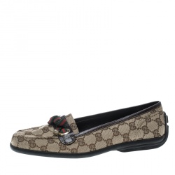 Pre Owned Gucci Beige/Brown GG Canvas and Leather Web Bow Detail Loafers Size 38