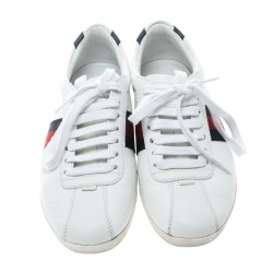 Pre Owned حذاء رياضي غوتشي  ويب جلد غوتشيسيما أبيض بعنق منخفض مقاس 35.5