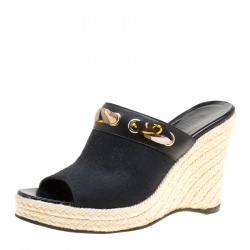 Pre Owned Gucci Black GG Canvas Espadrille Wedge Peep Toe Slides Size 37