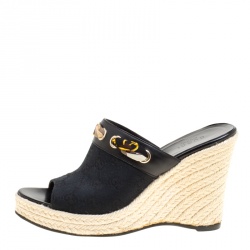 Pre Owned Gucci Black GG Canvas Espadrille Wedge Peep Toe Slides Size 37