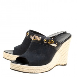 Pre Owned Gucci Black GG Canvas Espadrille Wedge Peep Toe Slides Size 37