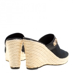 Pre Owned Gucci Black GG Canvas Espadrille Wedge Peep Toe Slides Size 37