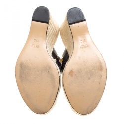 Pre Owned Gucci Black GG Canvas Espadrille Wedge Peep Toe Slides Size 37