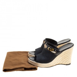 Pre Owned Gucci Black GG Canvas Espadrille Wedge Peep Toe Slides Size 37