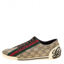 Gucci Beige GG Coated Canvas Classic Web and Script Low Top Sneakers Size 37.5