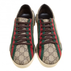 Gucci Beige GG Coated Canvas Classic Web and Script Low Top Sneakers Size 37.5