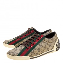Gucci Beige GG Coated Canvas Classic Web and Script Low Top Sneakers Size 37.5