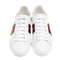 مملوكة مسبقًا Gucci White Leather Ace Embroidered Appliqué Detail Low Top Sneakers Size 37.5