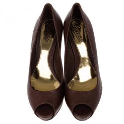 Pre Owned Gucci Brown Diamante Leather Sofia Peep Toe Platform Pumps Size 39