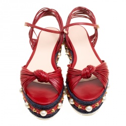 Pre Owned Gucci Red Leather Barbette Knot Faux Pearl and Spikes Trim Ankle Strap Espadrille Platform Sandals Size 39