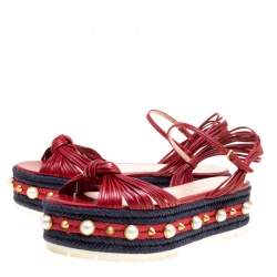 Pre Owned Gucci Red Leather Barbette Knot Faux Pearl and Spikes Trim Ankle Strap Espadrille Platform Sandals Size 39