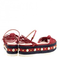 Pre Owned Gucci Red Leather Barbette Knot Faux Pearl and Spikes Trim Ankle Strap Espadrille Platform Sandals Size 39