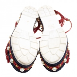Pre Owned Gucci Red Leather Barbette Knot Faux Pearl and Spikes Trim Ankle Strap Espadrille Platform Sandals Size 39
