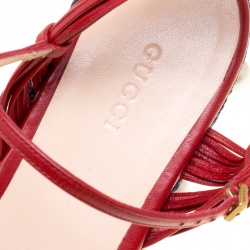 Pre Owned Gucci Red Leather Barbette Knot Faux Pearl and Spikes Trim Ankle Strap Espadrille Platform Sandals Size 39