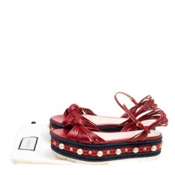 Pre Owned Gucci Red Leather Barbette Knot Faux Pearl and Spikes Trim Ankle Strap Espadrille Platform Sandals Size 39