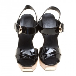 Pre Owned صندل غوتشي جلد أسود لامع بسيور متعاكسة حزام للكاحل مقاس 38.5