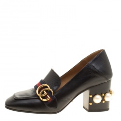 مملوكة مسبقًا Gucci Black Leather Faux Pearl Embellished Collapsible Heel Counter Loafer Pumps Size 37.5