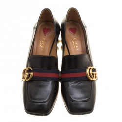 مملوكة مسبقًا Gucci Black Leather Faux Pearl Embellished Collapsible Heel Counter Loafer Pumps Size 37.5