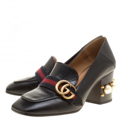 مملوكة مسبقًا Gucci Black Leather Faux Pearl Embellished Collapsible Heel Counter Loafer Pumps Size 37.5