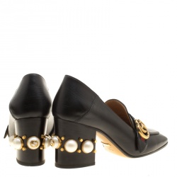 مملوكة مسبقًا Gucci Black Leather Faux Pearl Embellished Collapsible Heel Counter Loafer Pumps Size 37.5