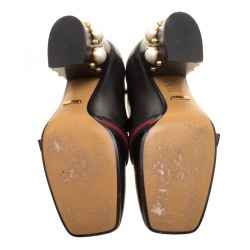 مملوكة مسبقًا Gucci Black Leather Faux Pearl Embellished Collapsible Heel Counter Loafer Pumps Size 37.5