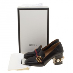 مملوكة مسبقًا Gucci Black Leather Faux Pearl Embellished Collapsible Heel Counter Loafer Pumps Size 37.5