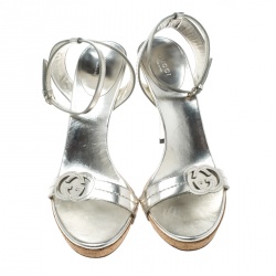 Pre Owned Gucci Light Gold Leather Cork Platform Ankle Wrap Sandals Size 39