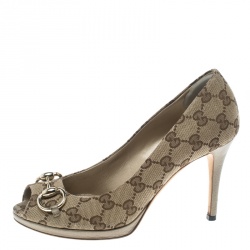مملوكة مسبقًا Gucci Beige GG Canvas and Leather New Hollywood Horsebit Peep Toe Pumps Size 37
