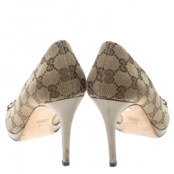مملوكة مسبقًا Gucci Beige GG Canvas and Leather New Hollywood Horsebit Peep Toe Pumps Size 37
