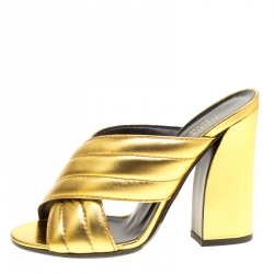Pre Owned Gucci Gold Metallic Leather Sylvia Crossover Mules Size 37