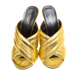 Pre Owned Gucci Gold Metallic Leather Sylvia Crossover Mules Size 37