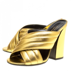 Pre Owned Gucci Gold Metallic Leather Sylvia Crossover Mules Size 37