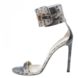 Pre Owned صندل غوتشي سيور كاحل هورسبيت جلد نقش ثعبان رمادي مقاس 39.5